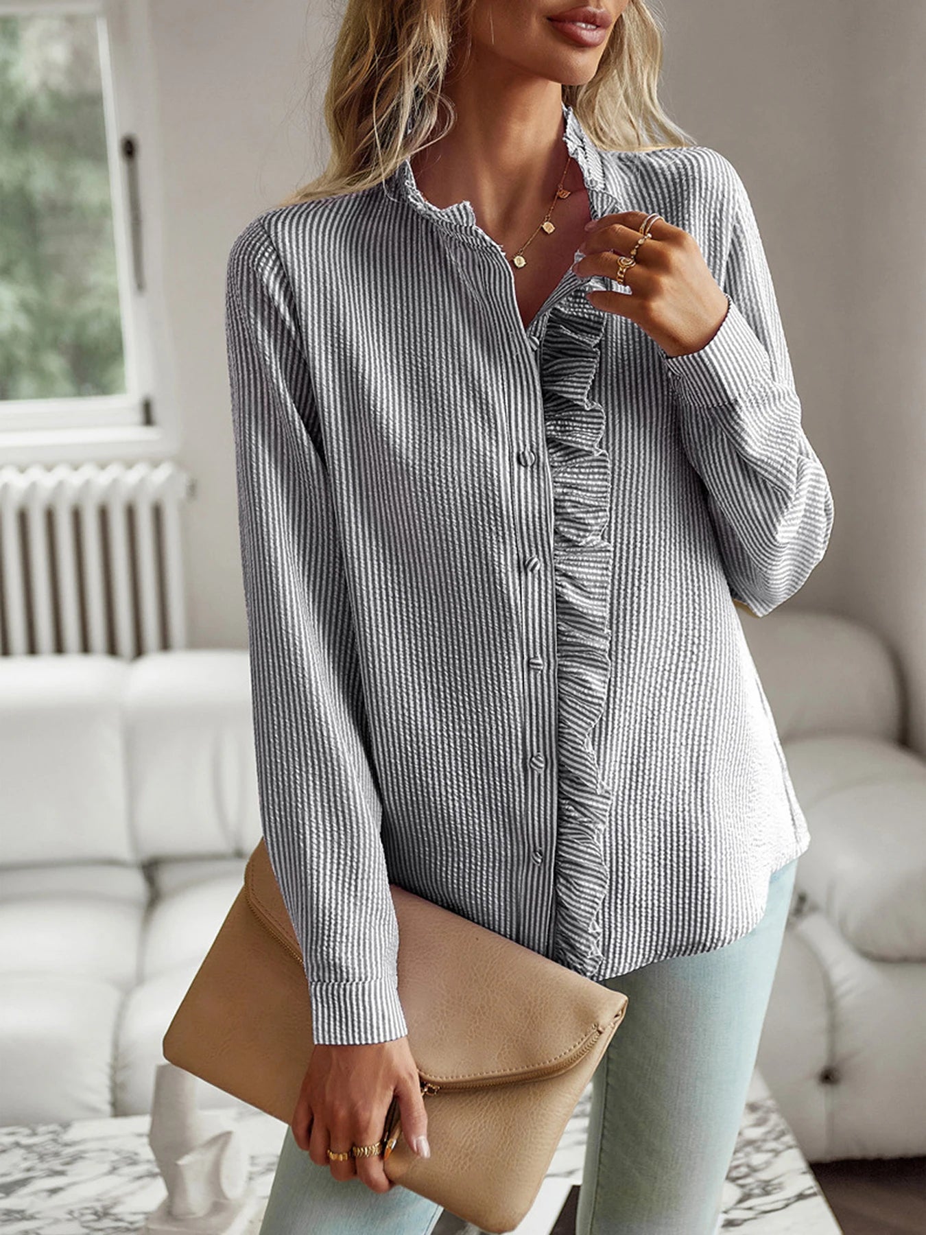New Style 2024 temperament commuter blouse cardigan ruffled long-sleeved puffy-sleeved shirt blouse woman