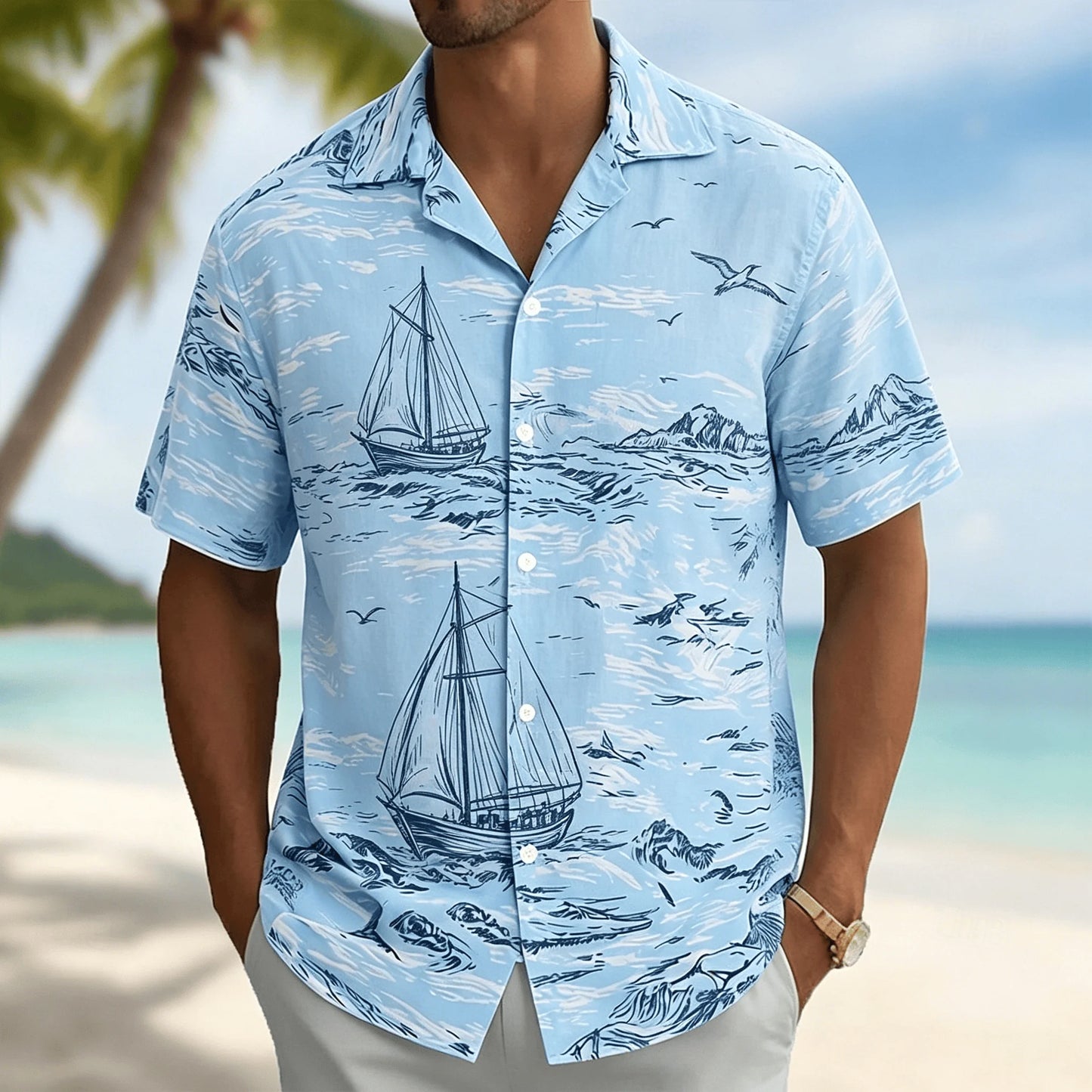 Men's Light Blue Tropical Palm Tree Print Short Sleeve Shirt, Casual Hawaiian Button Down with Ocean Design for Spring & Summer