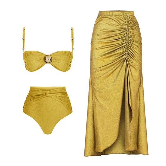 Sexy Bikini Set With Cover Up Luxury Woman Swimsuit Off Shoulder Swimwear High Waist Push Up Biquini Bathsuit Beach Outfits