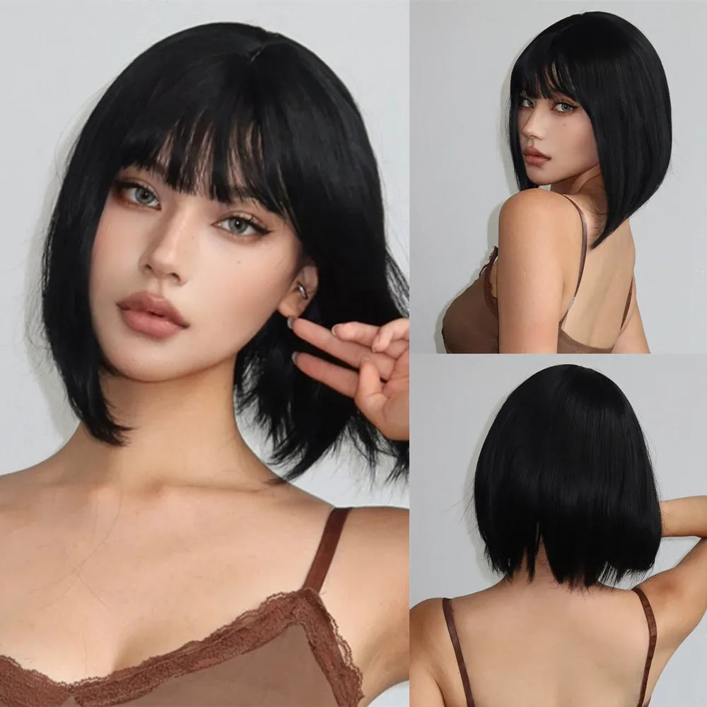 ALAN EATON Layered Synthetic Wigs with Bangs Straight Short Highlights Blonde Hair Wig with for Women Natural Daily Cosplay Wigs