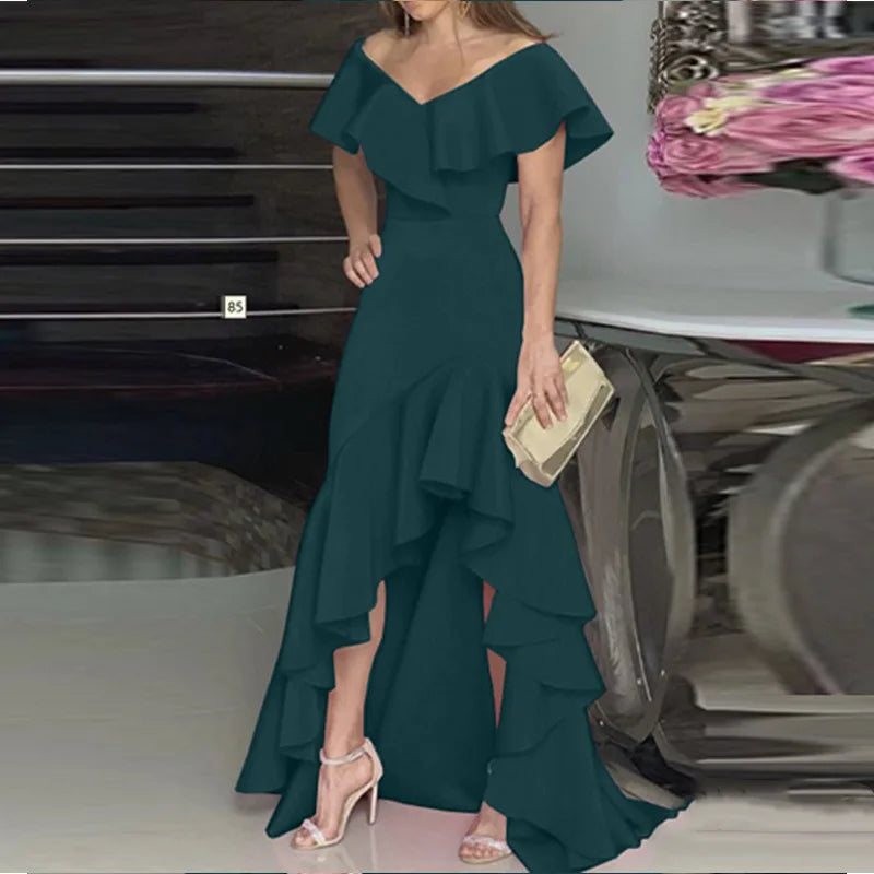 Fashion Evening Dresses Sexy V-Neck Elegant Party Irregular Solid Color Hem Ruffle Women Maxi Dress Short Sleeve Floor Length