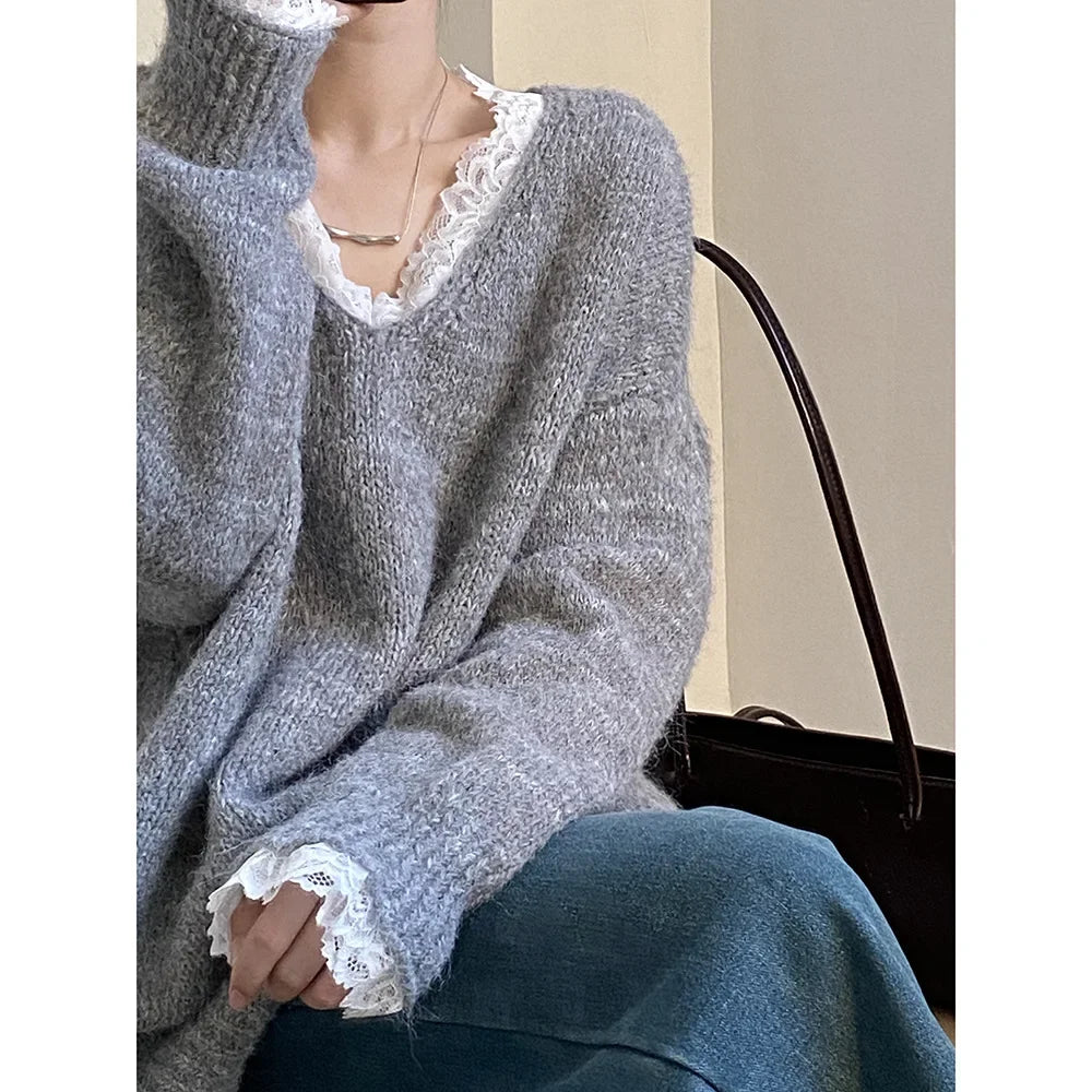 Aoaiiys Sweaters Women V Neck Lace Spliced Pullovers Vintage Chic Knitted Jumpers Autumn Winter New Comfortable Loose Sweaters