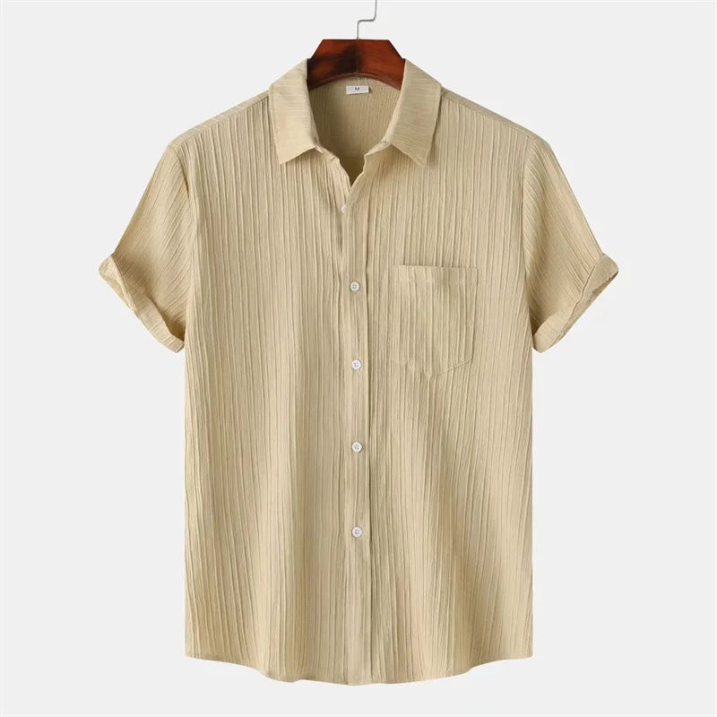 New 9 Color Men's Solid Striped Shirt Summer Fashion Short Sleeve Flap Top Men Casual Holiday Everyday Men