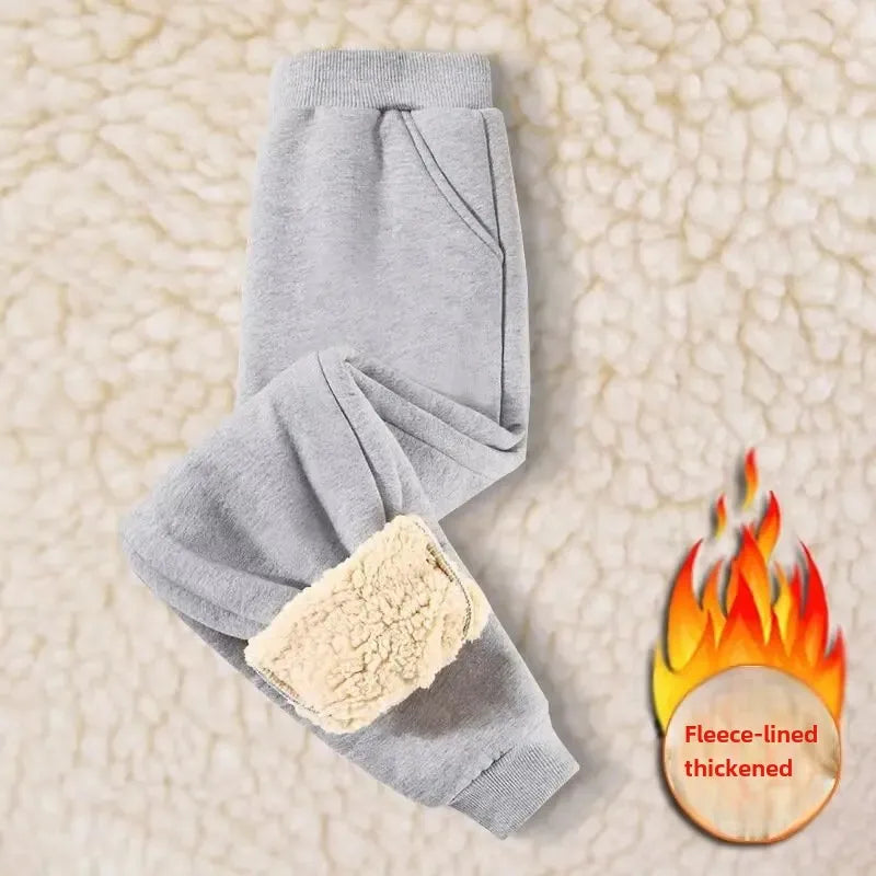 Kids Autumn/Winter Warm Solid Color Sports Long Pants Fleece-Lined Casual Trousers Mid to Large Child Fleece Pants