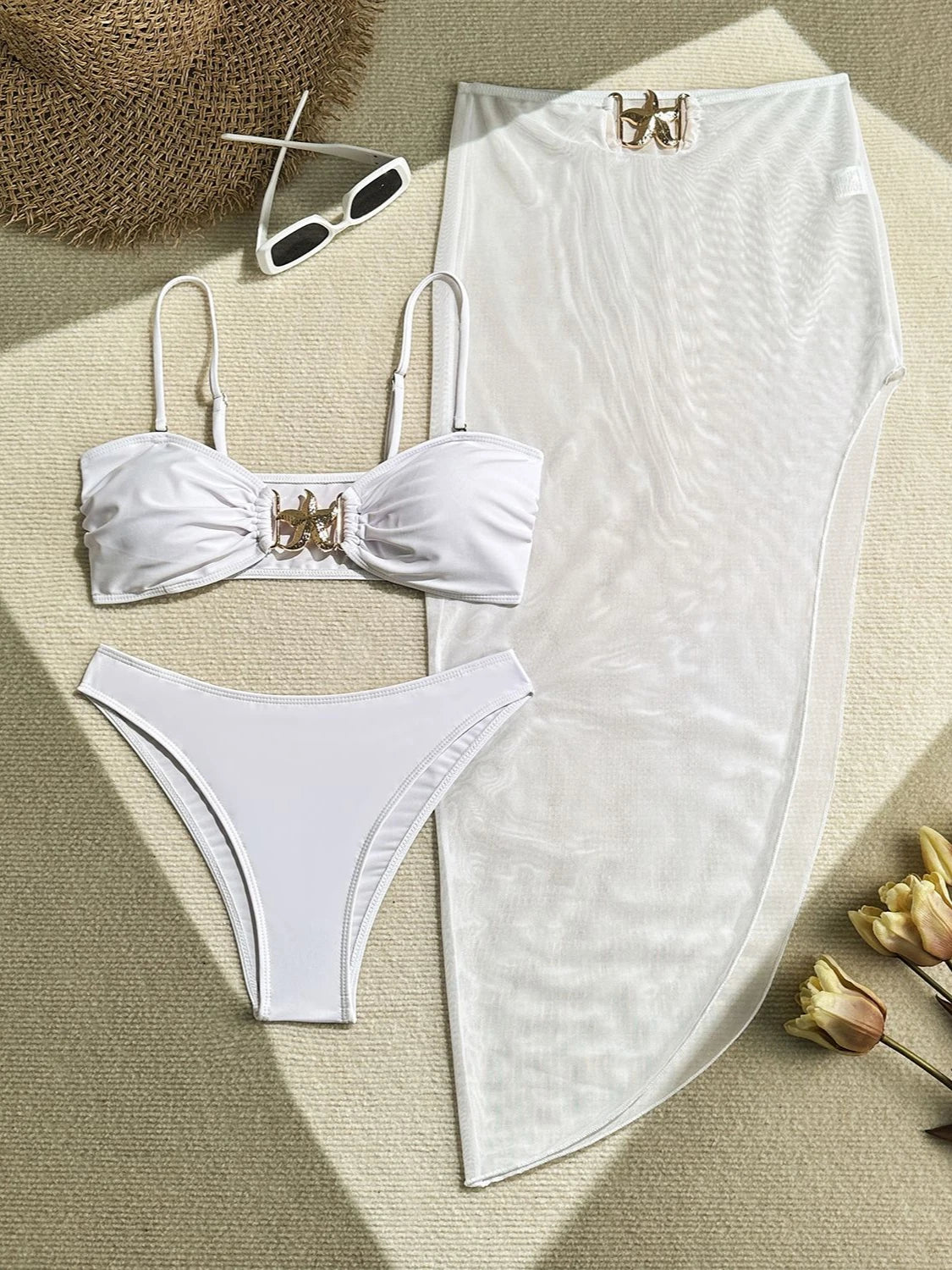 Women's 3 Piece Swimsuit Metal Starfish Bikini Set High Waist Yarn Skirt Cover-ups Suspender Backless Swimwear 2025 Summer New