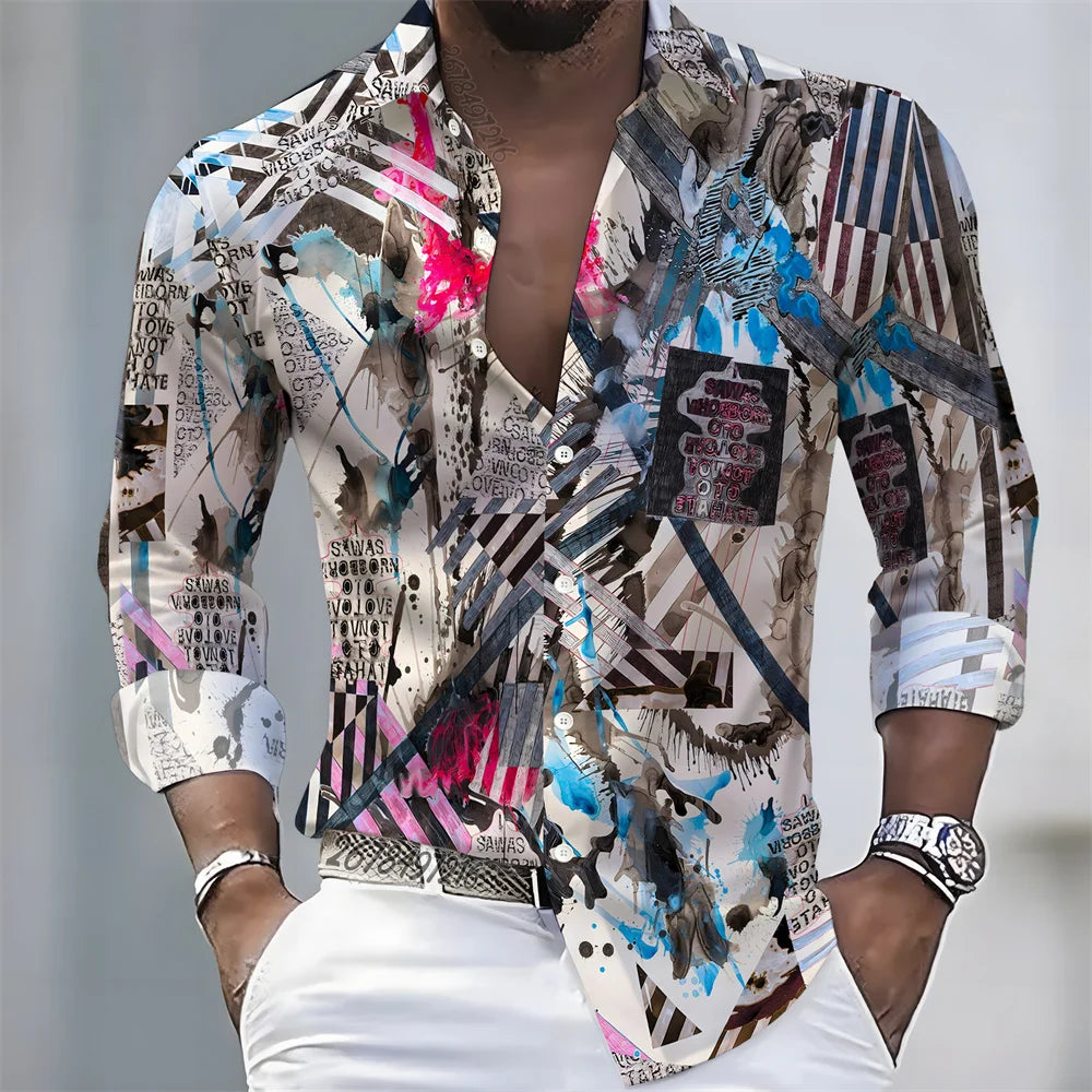 New men's artistic printed long-sleeved shirt, retro color-blocked design, casual shirt, versatile and stylish top for commuting