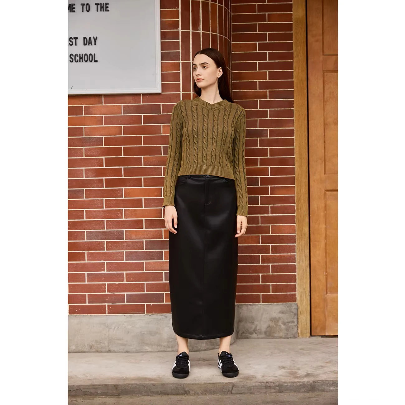 AP 2026 Women Washed Sweater Autumn and Winter Cable Sweater Stretch Skirt and Fashion Leather Skirt