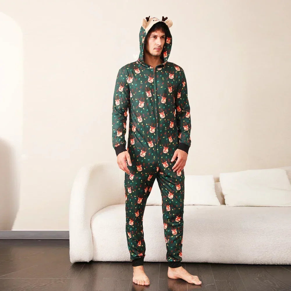 Christmas Gift Mother Father Kids Matching Outfits Cute Deer Ear Hooded Romper Overall Soft Loose One-Piece Pajamas Family Look