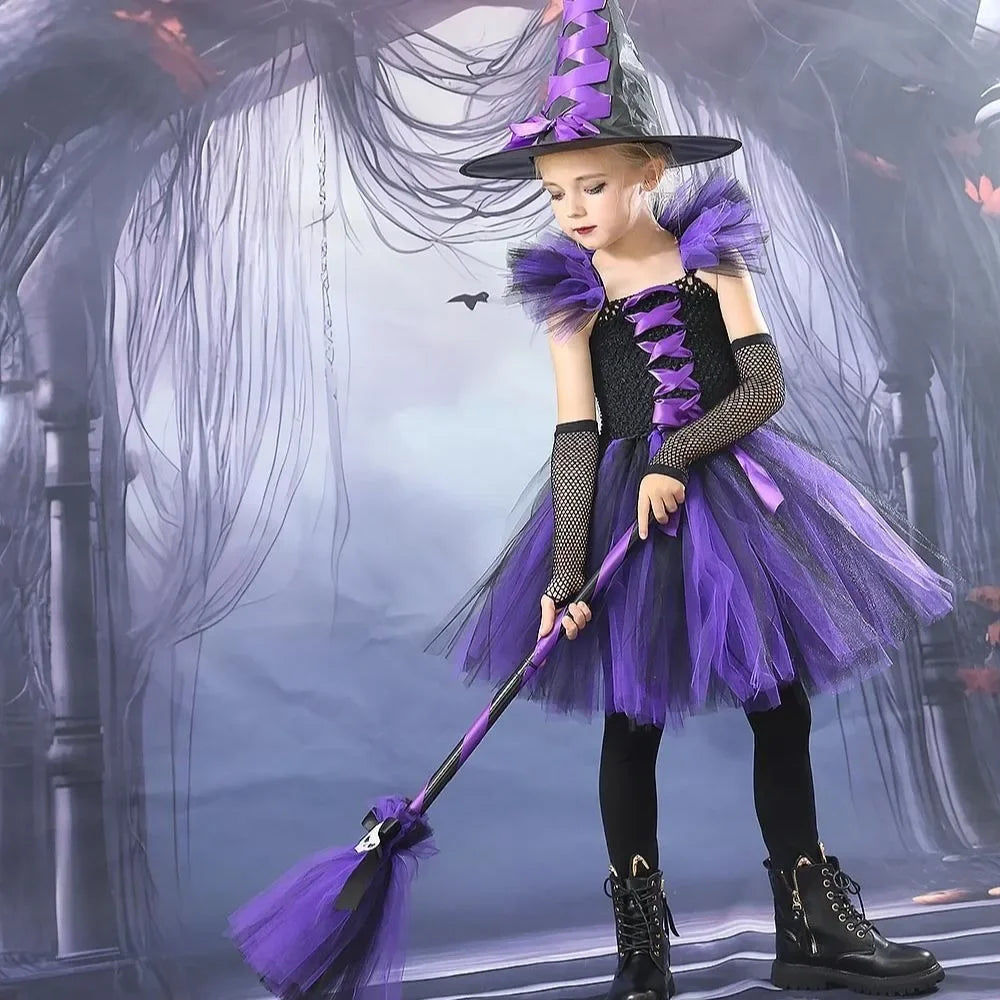 Halloween New Witch Dress Cosplay Costume Dress for Girl Carnival Party Dress Hat Broom Fancy Clothes Suit