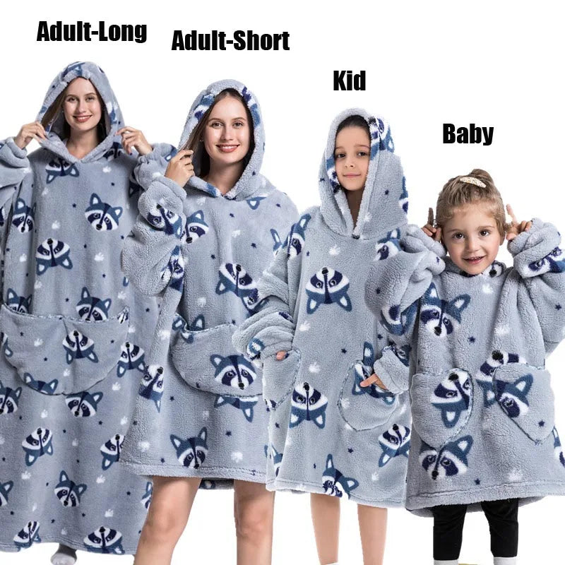 Extra Long Winter Hoodies Sherpa TV Blanket Plush Fleece Family Matching Outfits Sweatshirts Avocado Dinosaur Homewear Oversized