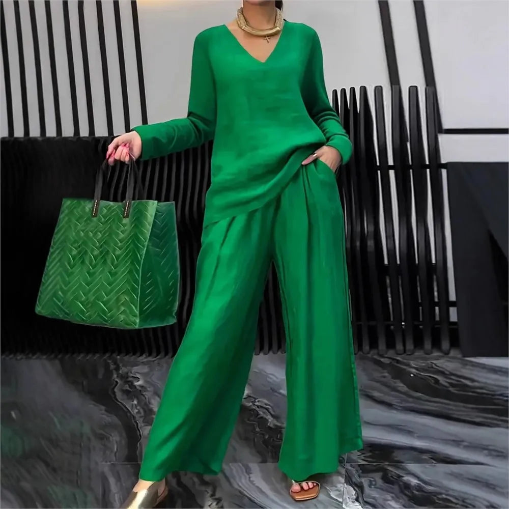Solid Color Casual V-neck Trousers Women's 2piece Set Spring Autumn New Fashion Pocket Straight Trousers Female Office Suit 2025