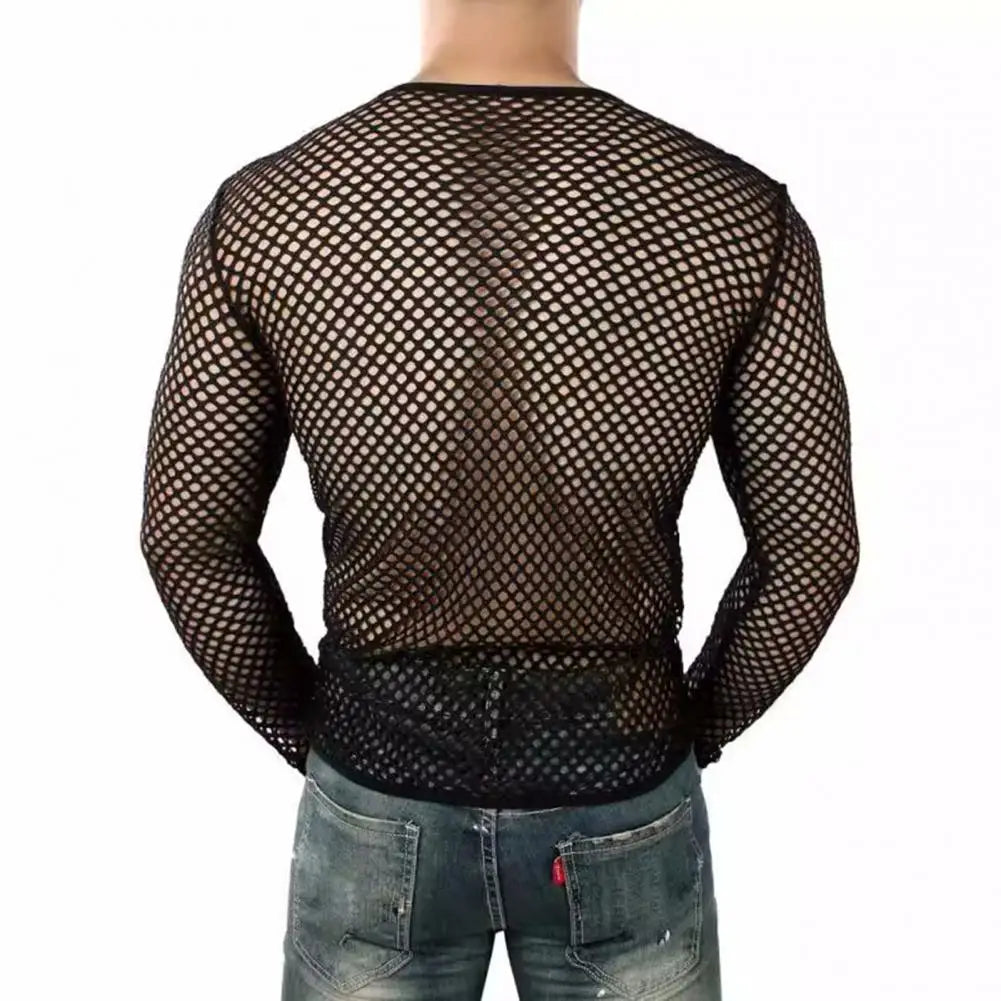 Men Club Top See-through Hollow Out Fishnet O Neck Short Sleeve Loose Thin Pullover Hip Hop Streetwear Men T-shirt