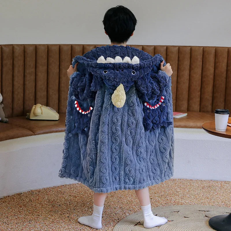 Kids Winter Bathrobe Thicken Warm Home Robe Baby Homewear Animal Dinosaur Cartoon Bathrobe For Children Hooded Gilrs Boys Robe