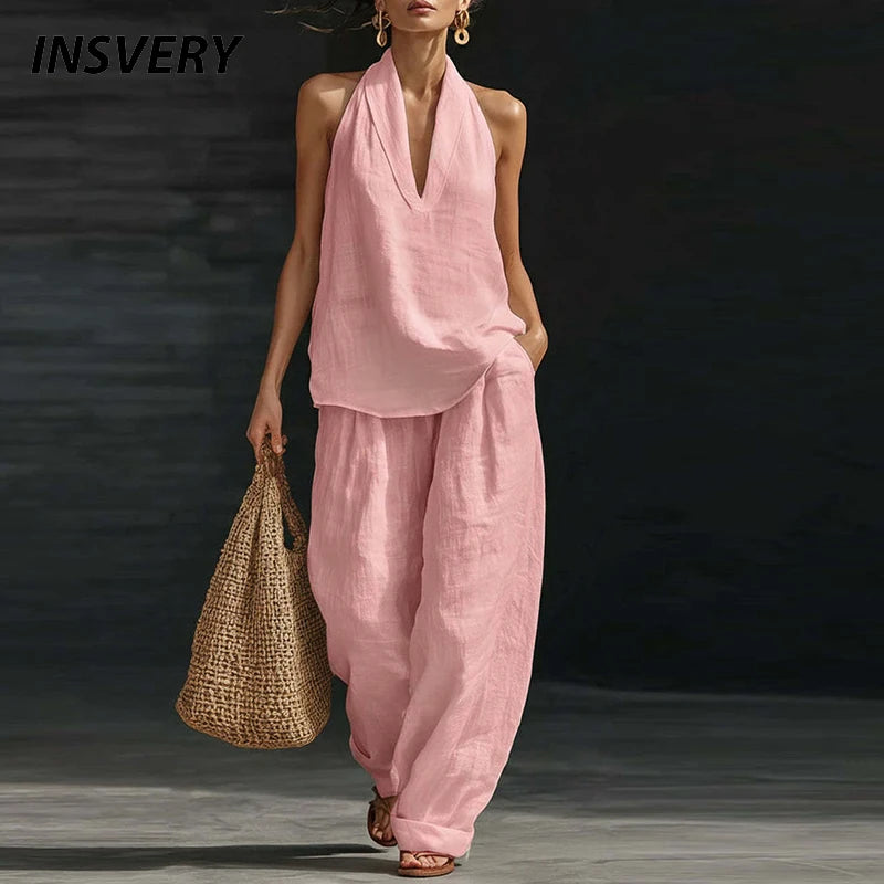 Summer Women Sleeveless Shirt Halter Vest High Waist Pocket Loose Pants Suit Women Casual Two Piece Female Loungewear Ses