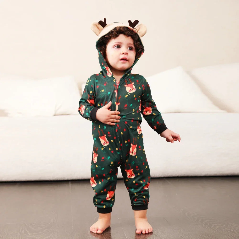 Christmas Gift Mother Father Kids Matching Outfits Cute Deer Ear Hooded Romper Overall Soft Loose One-Piece Pajamas Family Look