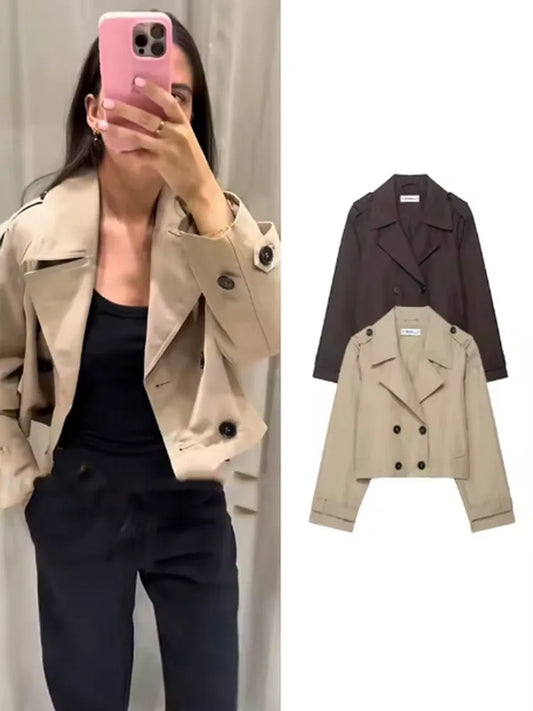 Fashion Lapel Short Trench Coats Women Double Breasted Pockets Jackets Female Autumn Winter New Office Lady Solid Outwear ﻿