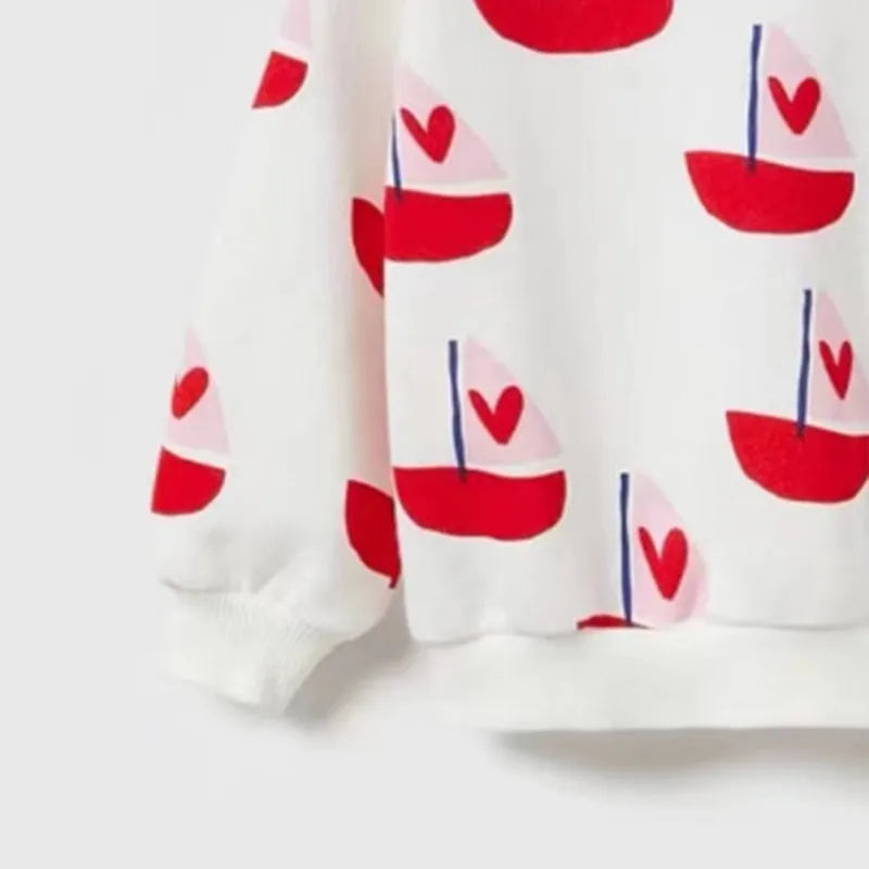 Kids Girl Sweatshirt Childish Flower Bow Print Round Neck Cotton Sweatshirts Autumn Winter Long Sleeve T-Shirt Children Clothes