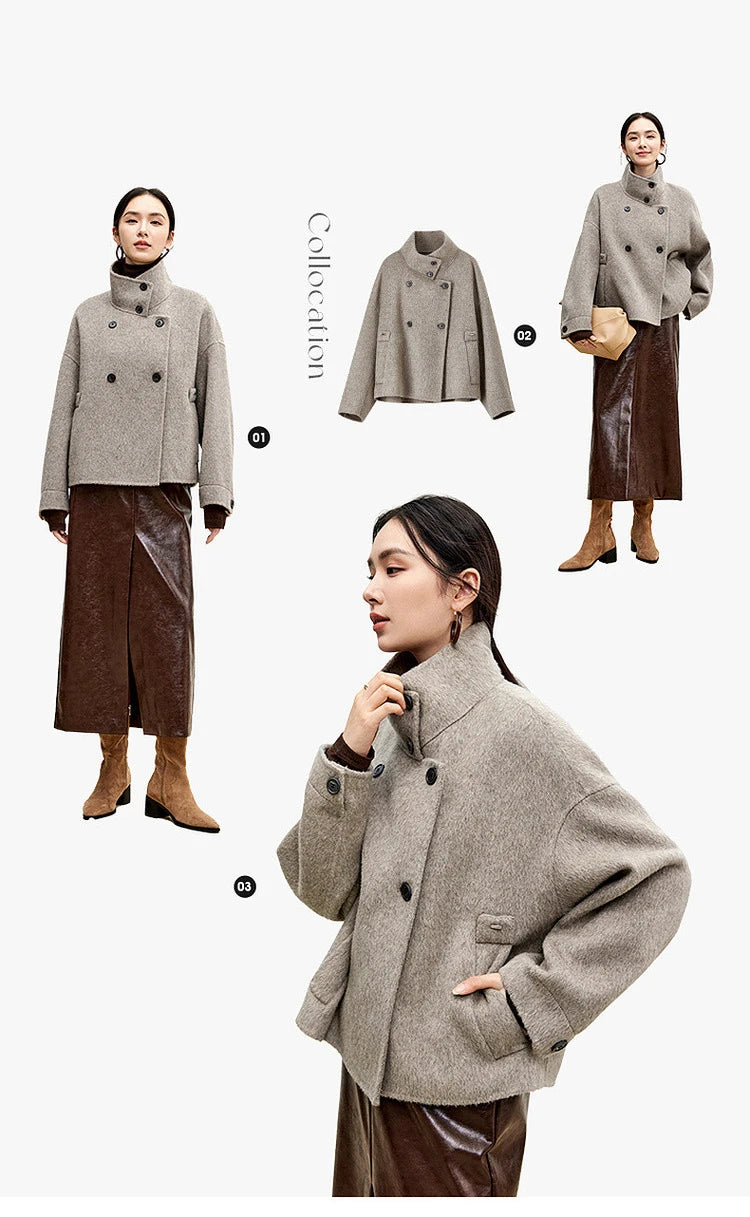 SENTUBILA 100% Wool Coats For Women Winter Jackets 2025 Stand Turtleneck Double Sided Short Outerwears Female Clothes W44O56626