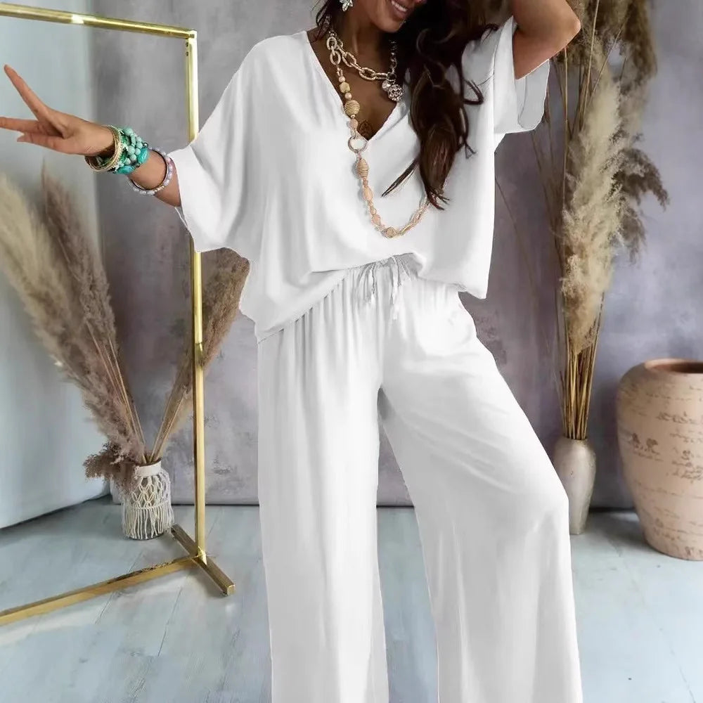 Loose Women Sets 2 pcs Sale V Neck Short Sleeve Blouse Shirts& High Waist Wide Leg Vacation Beachwear Pant Suits NMD-3032