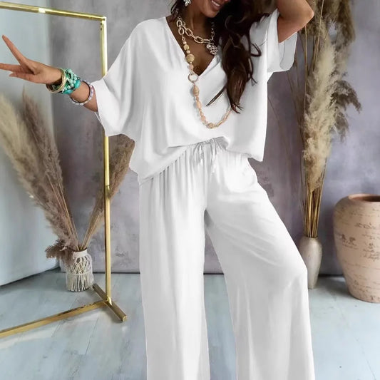 Loose Women Sets 2 pcs Sale V Neck Short Sleeve Blouse Shirts& High Waist Wide Leg Vacation Beachwear Pant Suits NMD-3032