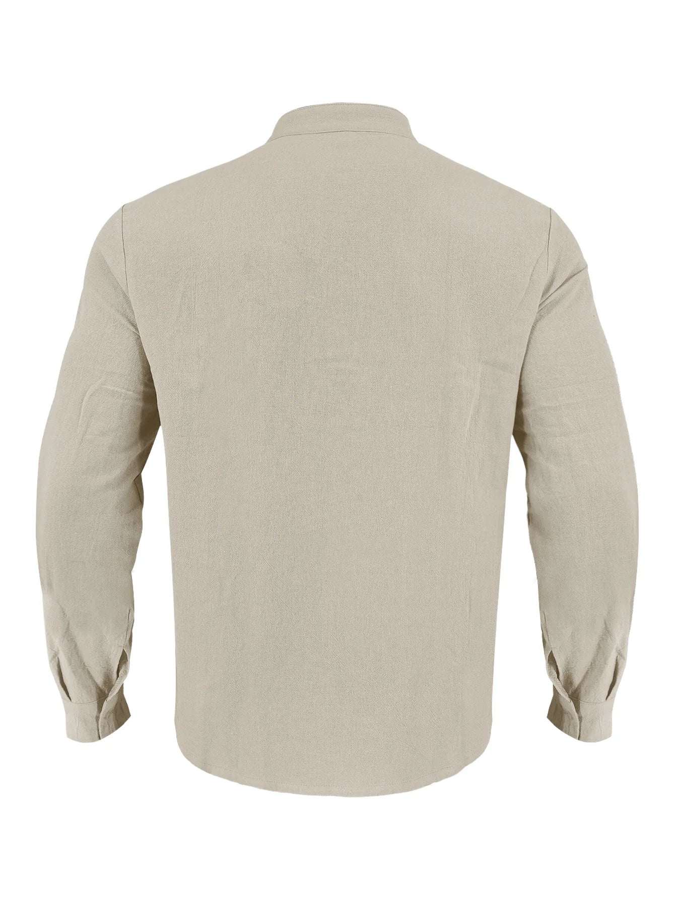 Summer Men's Linen Henry Long Sleeve T-Shirt  European and American Woven Solid Color Casual Polo Shirt