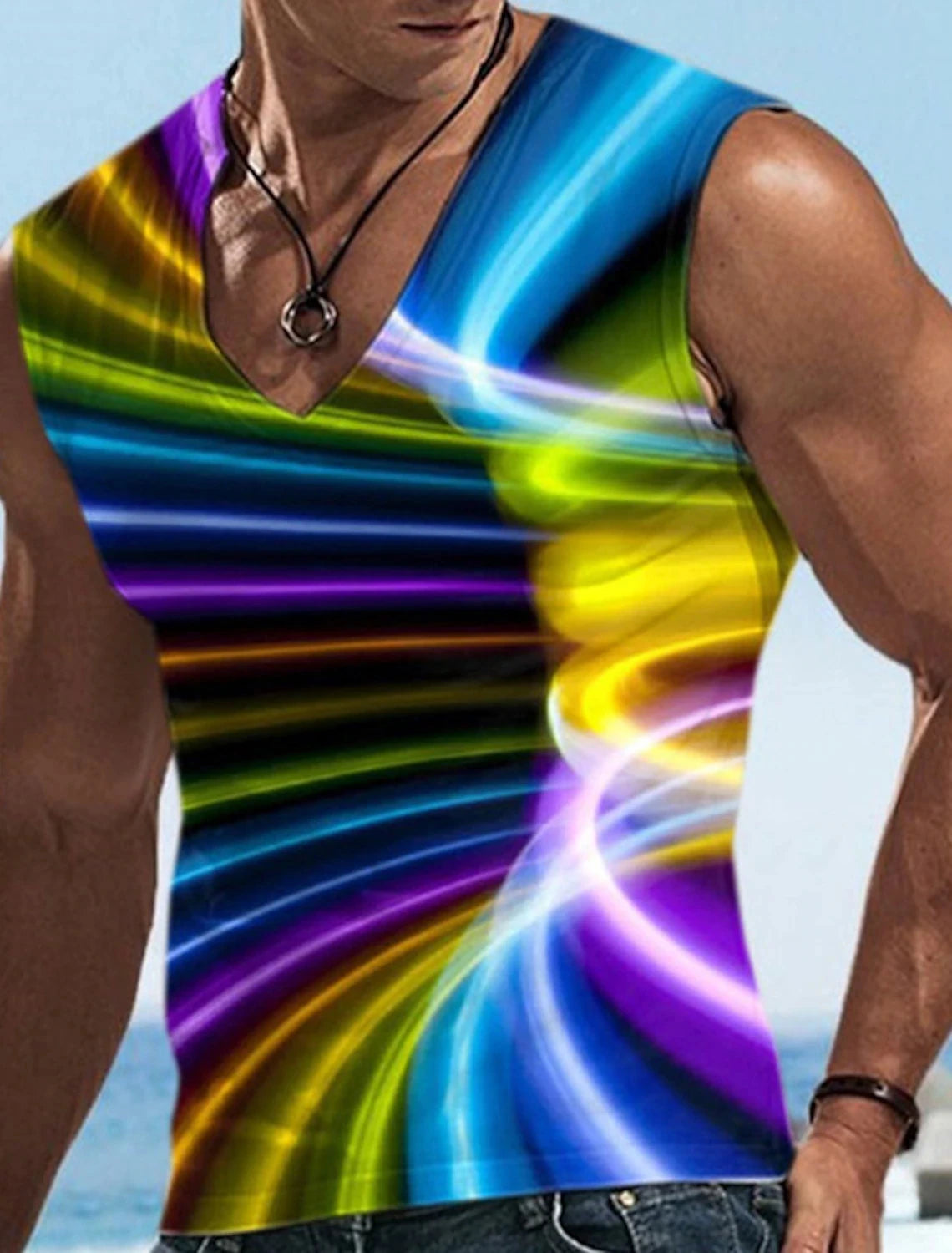 Men\'s Vest Sleeveless T Shirt Patterned Spliced Flame Shirt Casual Muscle V Neck Clothing 3D Printed Sports Running Fitness
