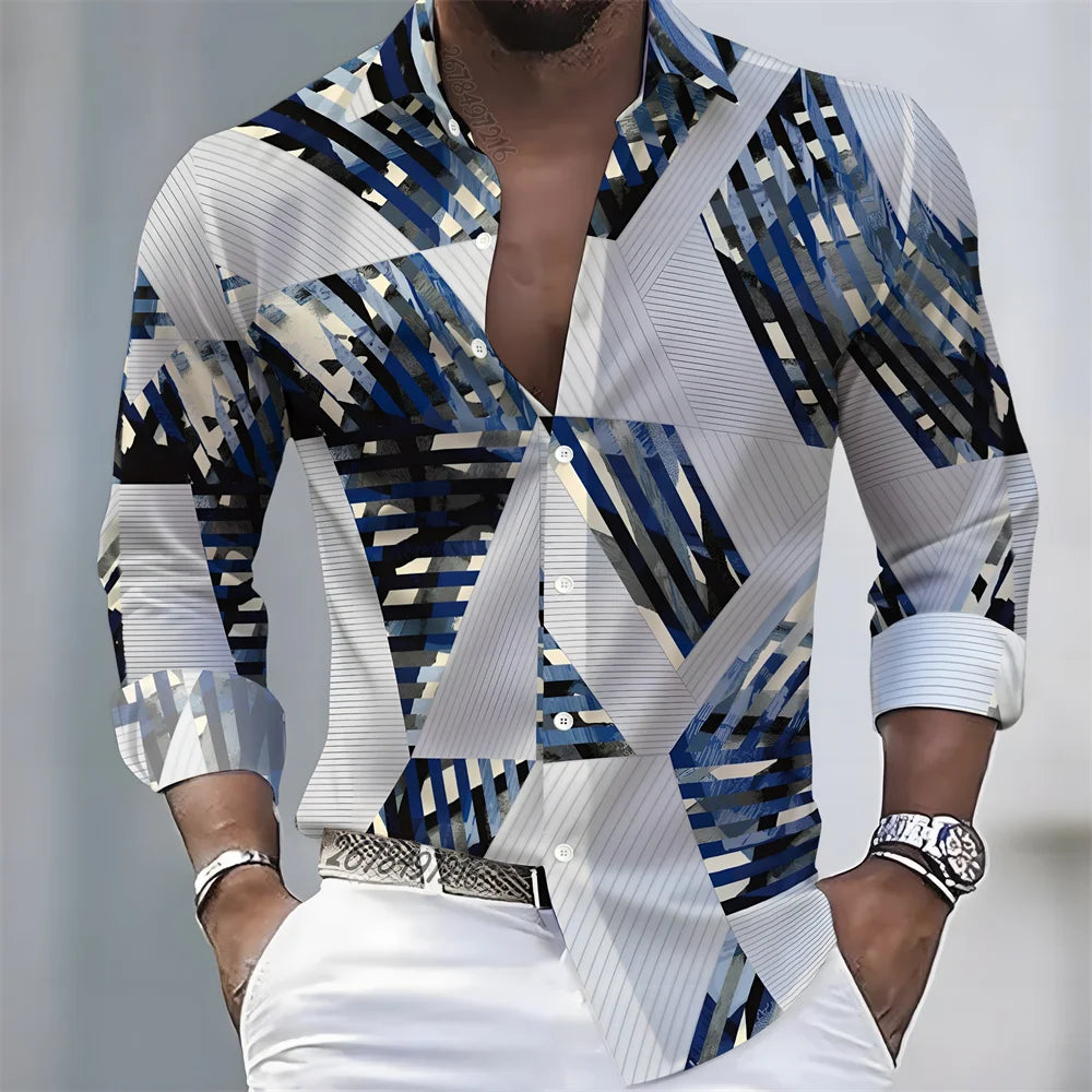 New men's artistic printed long-sleeved shirt, retro color-blocked design, casual shirt, versatile and stylish top for commuting
