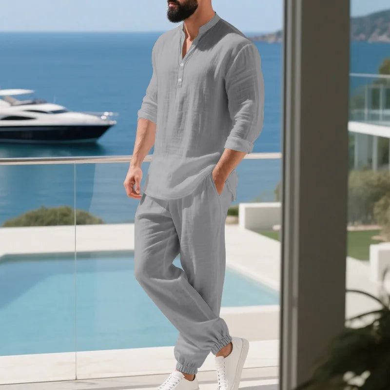 American loose linen set for men autumn Hawaiian home commuter thin Henry shirt long sleeve pants set