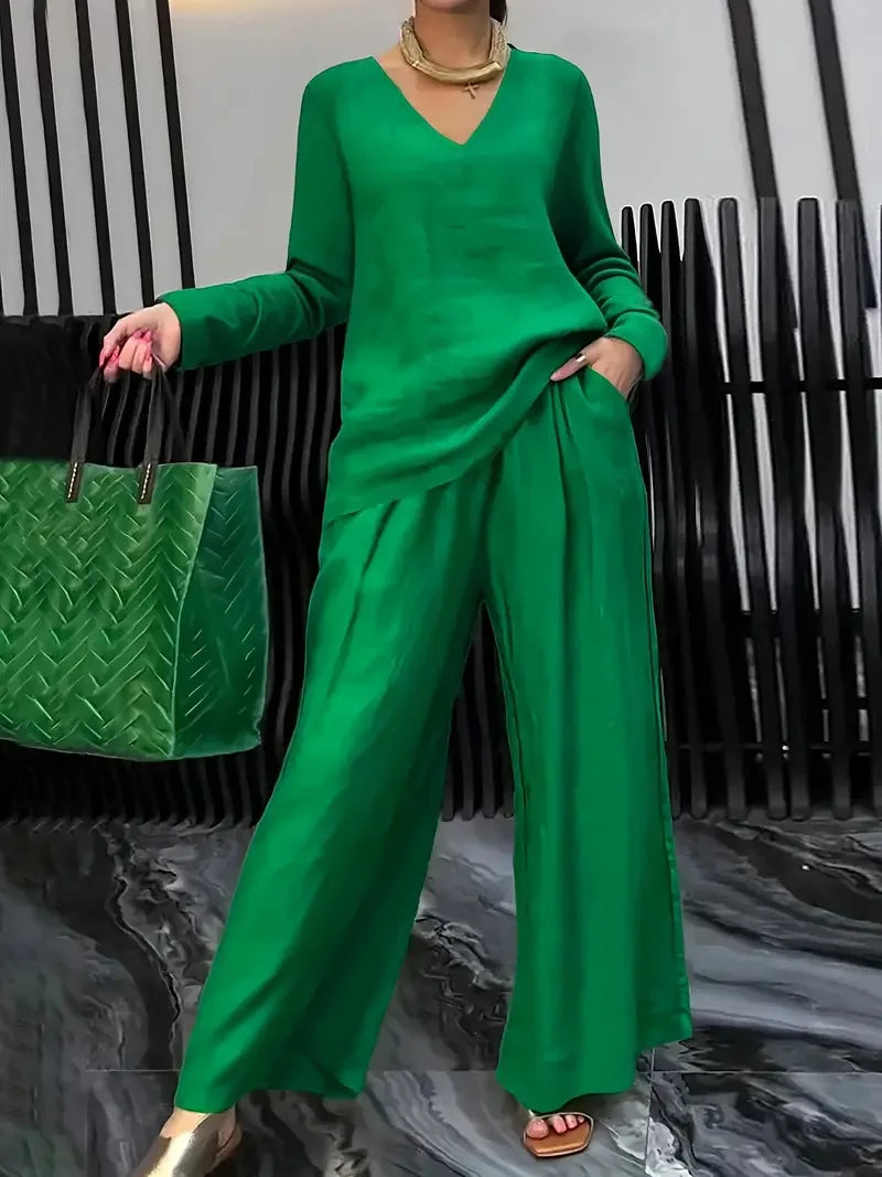 Solid Color Casual V-neck Trousers Women's 2piece Set Spring Autumn New Fashion Pocket Straight Trousers Female Office Suit 2025