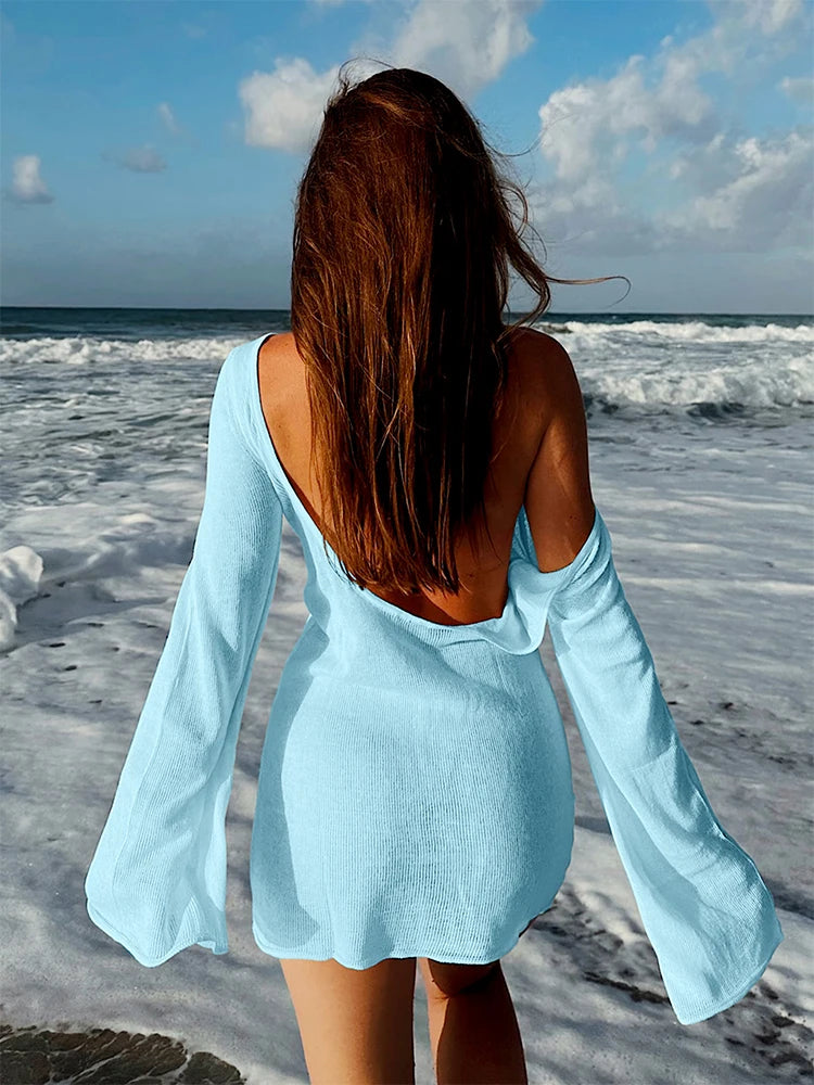 Summer Seaside Women's Solid Knit Mini Dress 2025 Sexy Backless Bell Sleeve See Through Short Dress Beach Swimsuit Cover Up K98