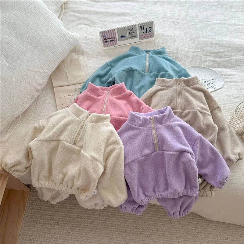 Kids Fleece Warm Set Winter Plus Velvet Outfits Long Sleeved Pullover Tops+Pants 2Pcs Autumn Children's Casual Clothing Suits