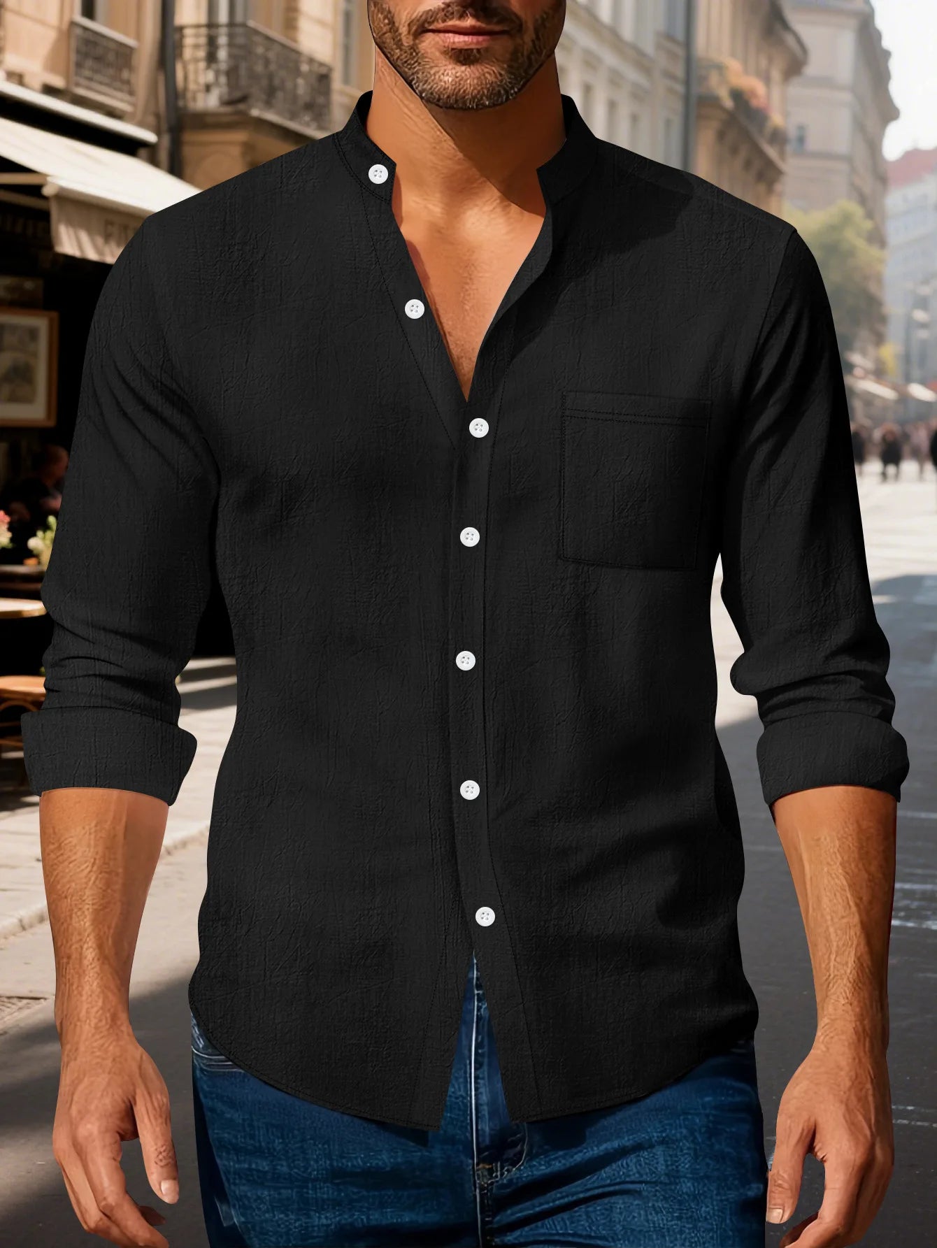 Autumn men's clothing 2025 new item men's solid color cotton and linen shirt stand up collar cardigan long sleeved casual busine
