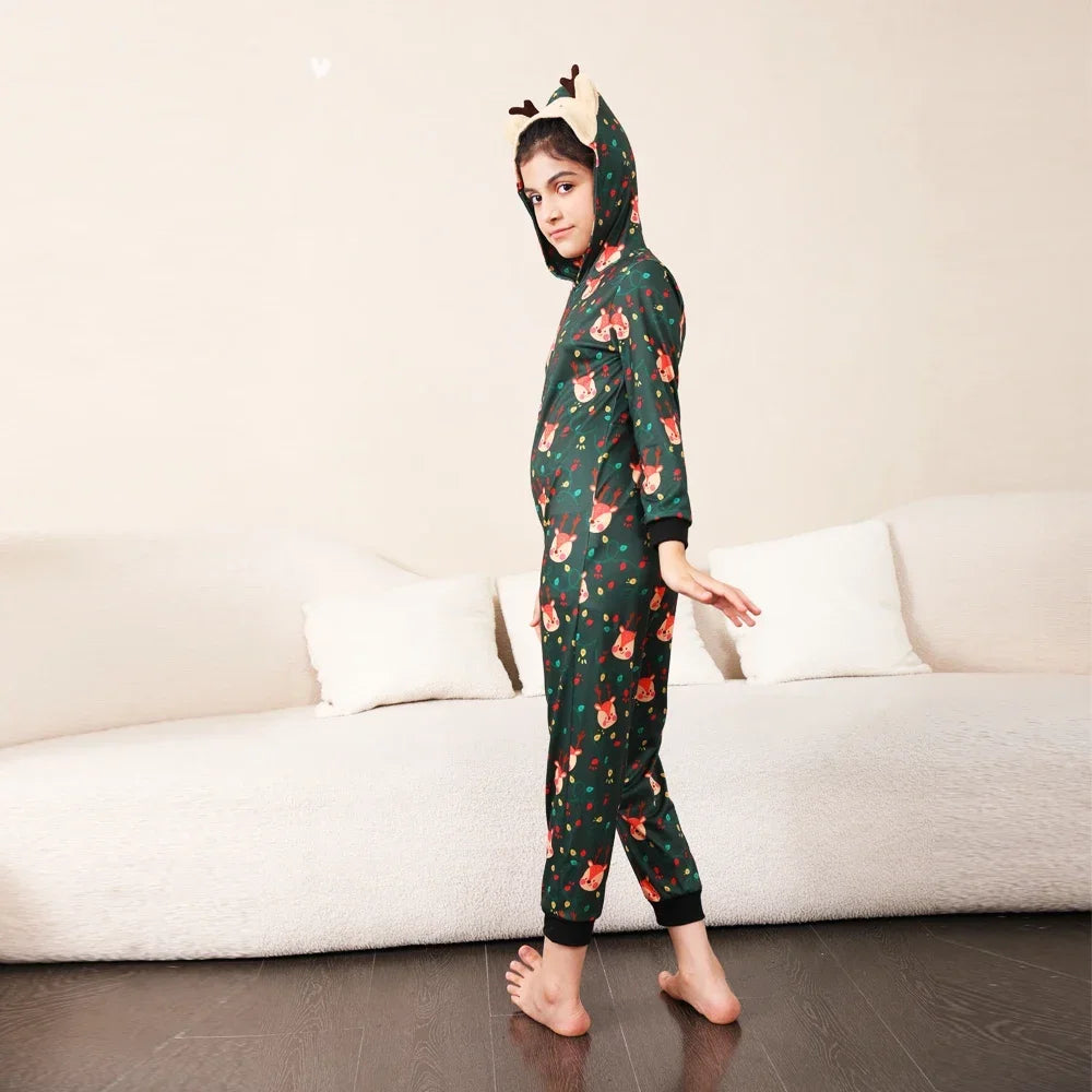 Christmas Gift Mother Father Kids Matching Outfits Cute Deer Ear Hooded Romper Overall Soft Loose One-Piece Pajamas Family Look