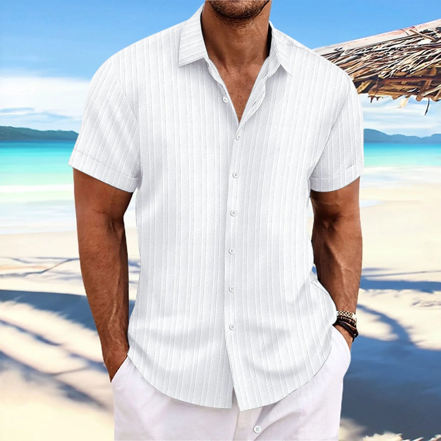 Simple And Versatile Summer New Men's Cotton And Linen Striped Jacquard Shirt Casual Comfortable Loose Short-Sleeved Shirt