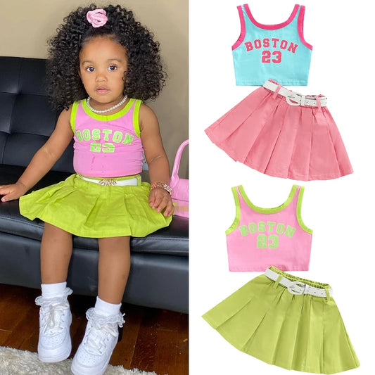 FOCUSNORM 1-6Y Fashion Little Girls Kids Clothes Sets 2pcs Letter Patchwork Sleeveless Causal Vest+Solid Pleated Skirts+Belt