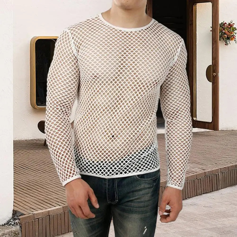 Men Club Top See-through Hollow Out Fishnet O Neck Short Sleeve Loose Thin Pullover Hip Hop Streetwear Men T-shirt