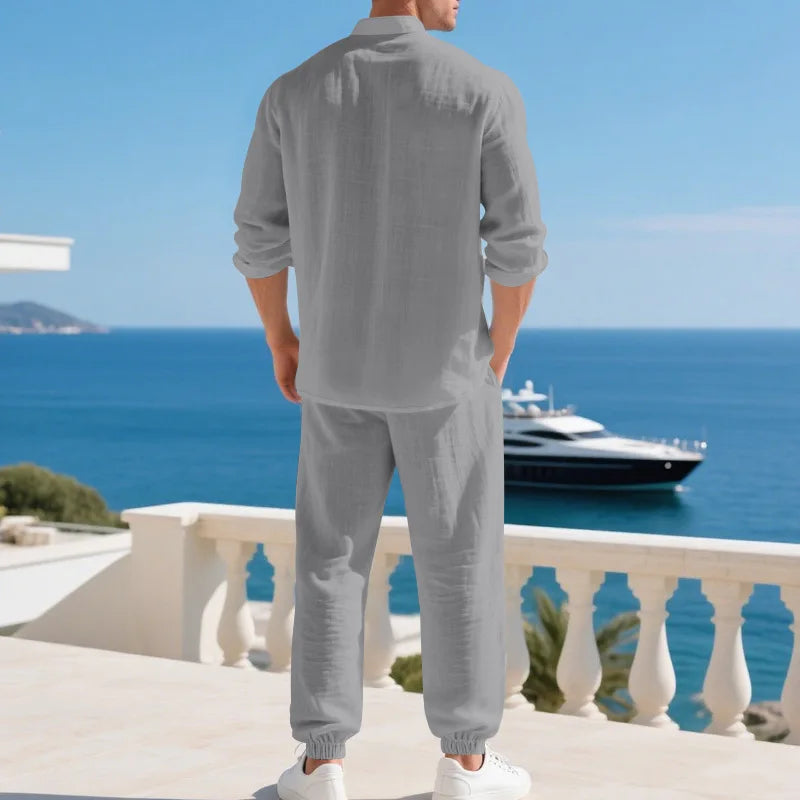 American loose linen set for men autumn Hawaiian home commuter thin Henry shirt long sleeve pants set