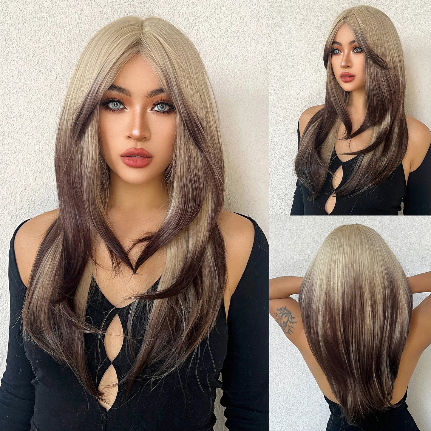 LOUIS FERRE Black Pink Ombre Synthetic Wigs for Cosplay Long Straight Layered Wigs with Bangs for Women Heat Resistant Fake Hair
