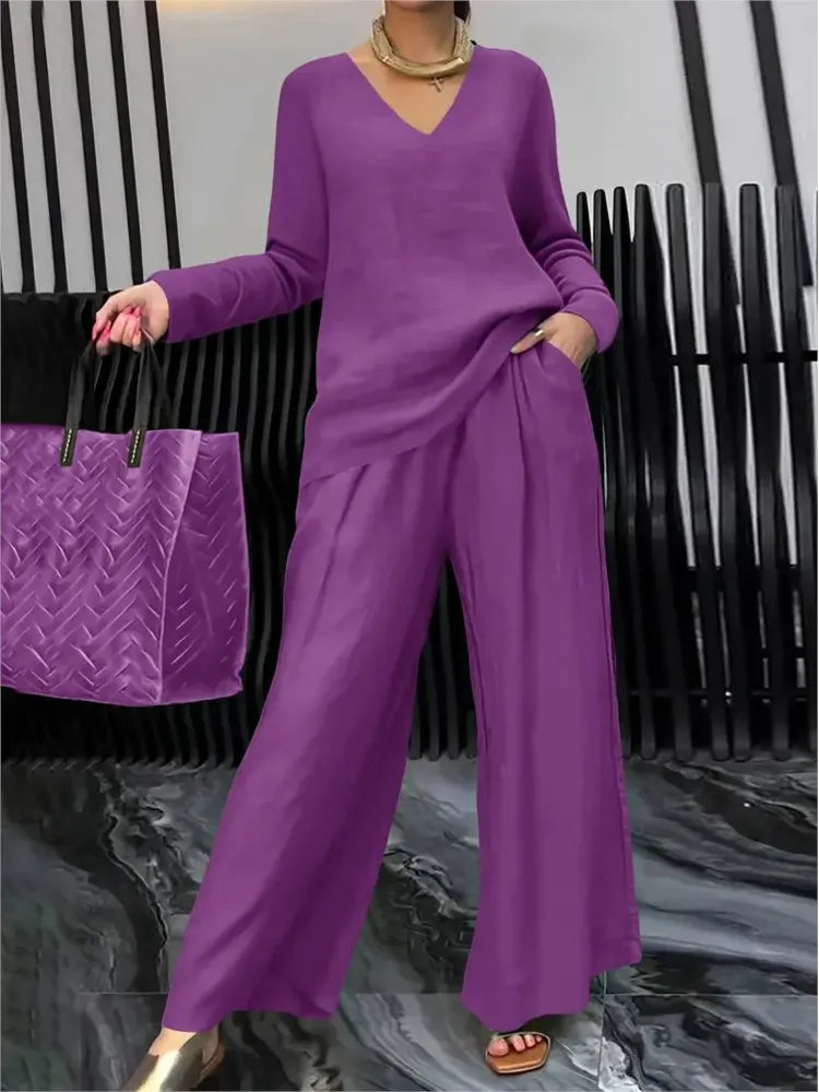 Solid Color Casual V-neck Trousers Women's 2piece Set Spring Autumn New Fashion Pocket Straight Trousers Female Office Suit 2025