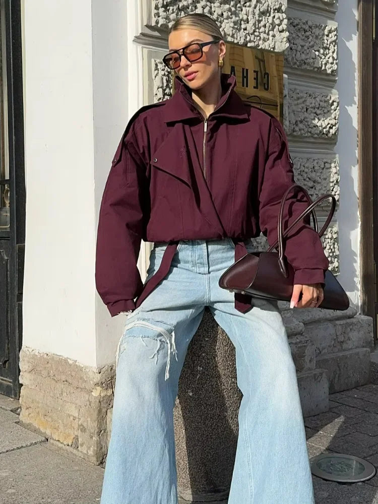 Fashion Wine Red Zipper Loose Overcoat Women Chic High Collar Long Sleeve Lace Up Elastic Waist Jacket Female Commute Daily Coat