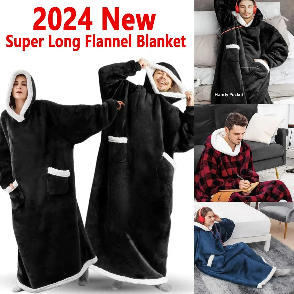 2024 Winter Super Long Flannel Blanket Winter Hoodies Sweatshirt Women Men Pullover Fleece Giant TV Oversized Blanket