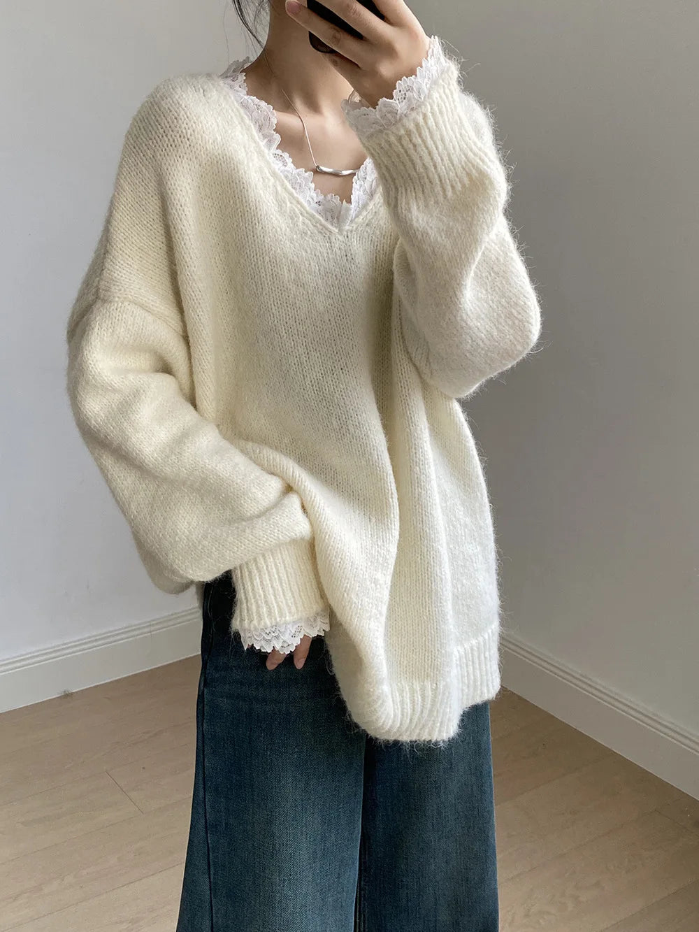 Aoaiiys Sweaters Women V Neck Lace Spliced Pullovers Vintage Chic Knitted Jumpers Autumn Winter New Comfortable Loose Sweaters