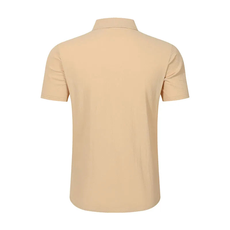 Men's Casual Linen Blend Shirt Short Sleeve Turn Down Collar Button Up Lightweight Breathable Beach Tunic Tops