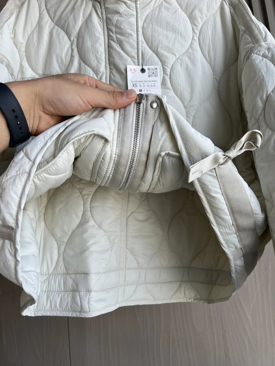 Quilted coat for women ETJ 2025 QUILTED JACKET WITH TIES new beige drawstring high neck pocket clip cotton jacket for women