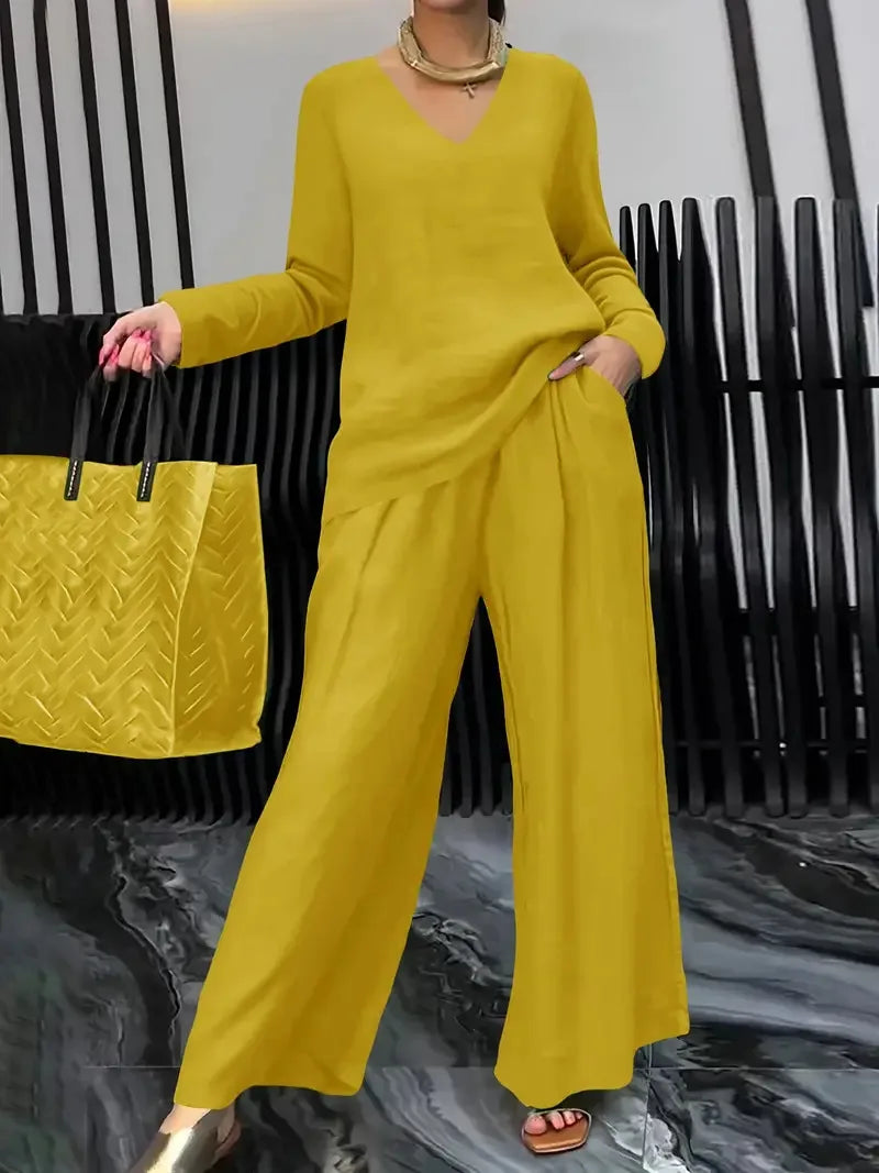 Solid Color Casual V-neck Trousers Women's 2piece Set Spring Autumn New Fashion Pocket Straight Trousers Female Office Suit 2025