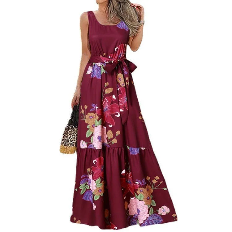 Summer Flower Print Sleeveless Long Dresses Women Elegant Casual Vacation Style Dress O Neck High Waist Leace-up Maxi Vestidos