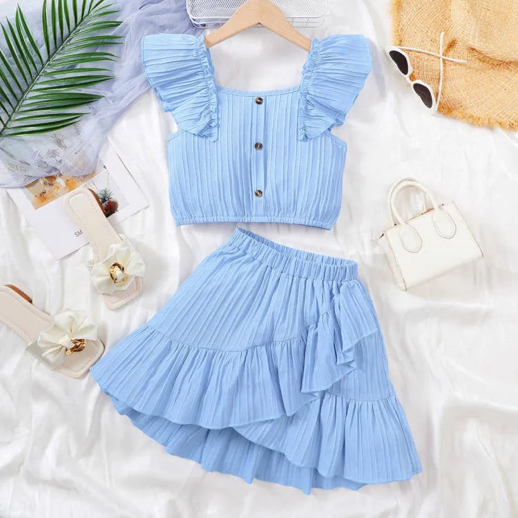 Kid Girls Summer Princess Clothing Set Flutter Sleeve Plain Color Tops+Short Skirt Sweet Style Party Wear For Child 8-12 Years
