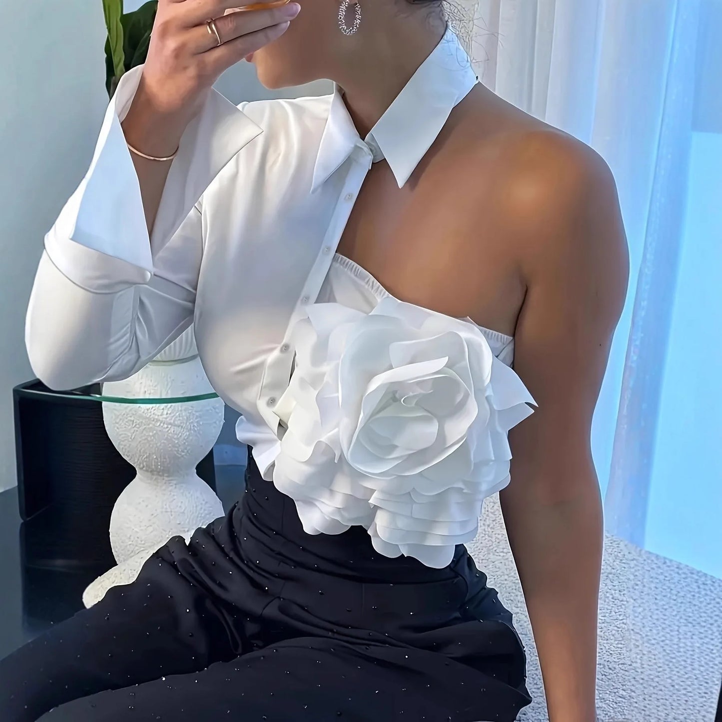 French Chic Women Blouse Fashion 3D Floral Long Sleeve Lapel Collar Spring Fall Age-reducing Female Tops Female Solid Shirts