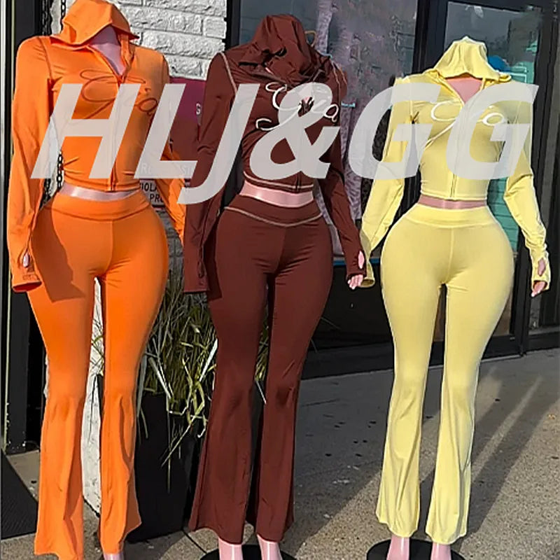 HLJ Fashion Ins Letter Print Hooded Two Piece Sets Women Zipper Long Sleeve Crop Top And Skinny Pants Outfit Y2K 2pcs Streetwear