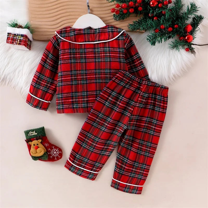 FOCUSNORM 0-5Y Autumn Winter Kids Girls Boys Christmas Pajamas Clothes Sets Plaid Print Turn Down Collar Shirts+Pants